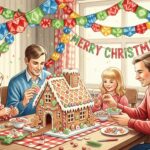 family making gingerbread house holiday crafts