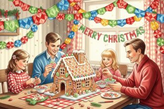 family making gingerbread house holiday crafts