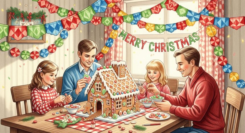 family making gingerbread house holiday crafts