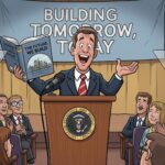 leader speaking at podium holding book