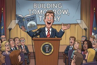 leader speaking at podium holding book