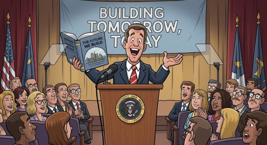 leader speaking at podium holding book