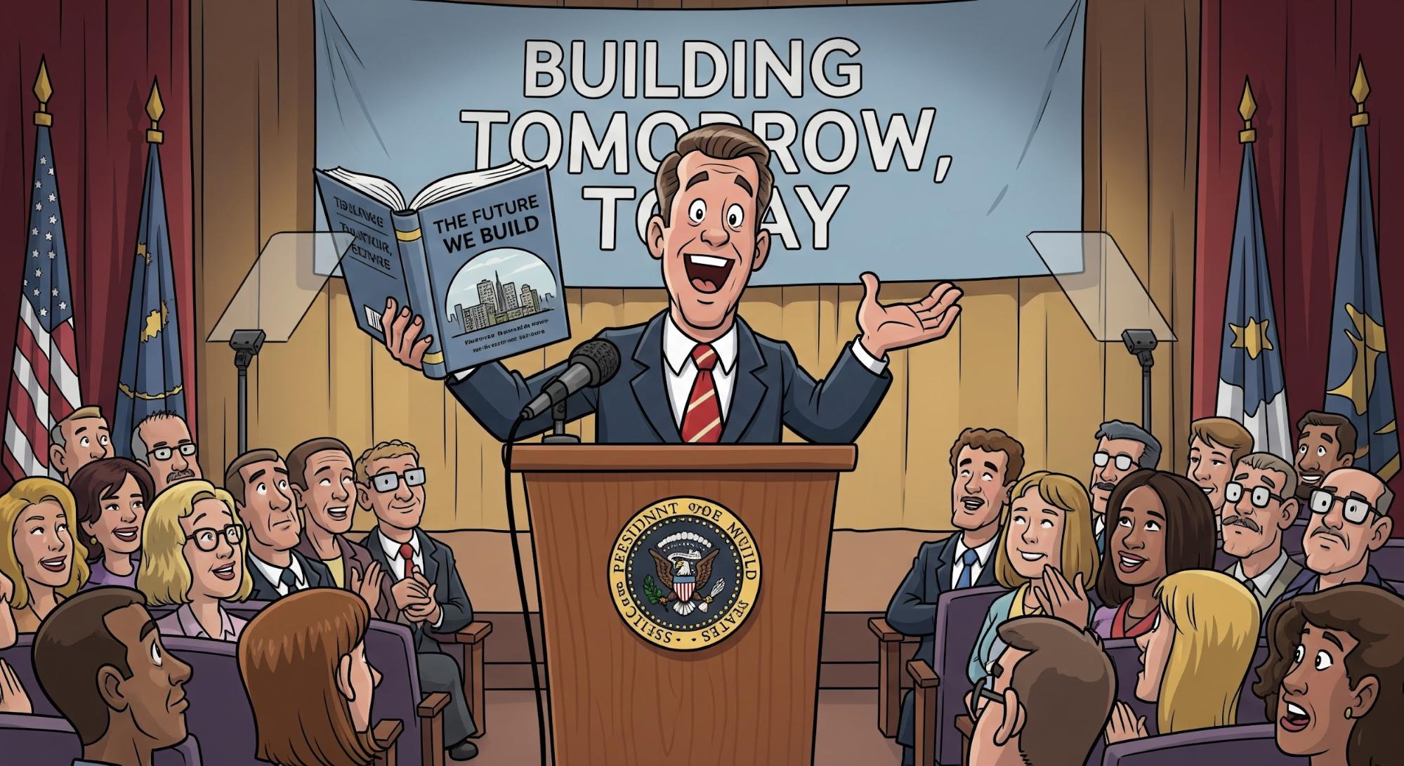 leader speaking at podium holding book