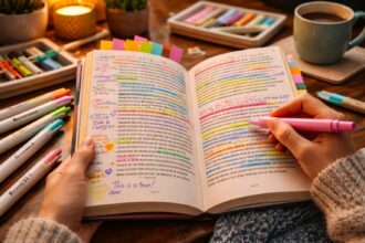 reader showcasing the book annotation trend in a marked-up novel