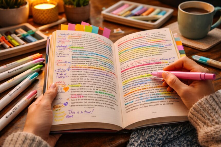 reader showcasing the book annotation trend in a marked-up novel