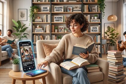 booksmaxxing trend in 2026 featuring curated home library reading journals and book club culture