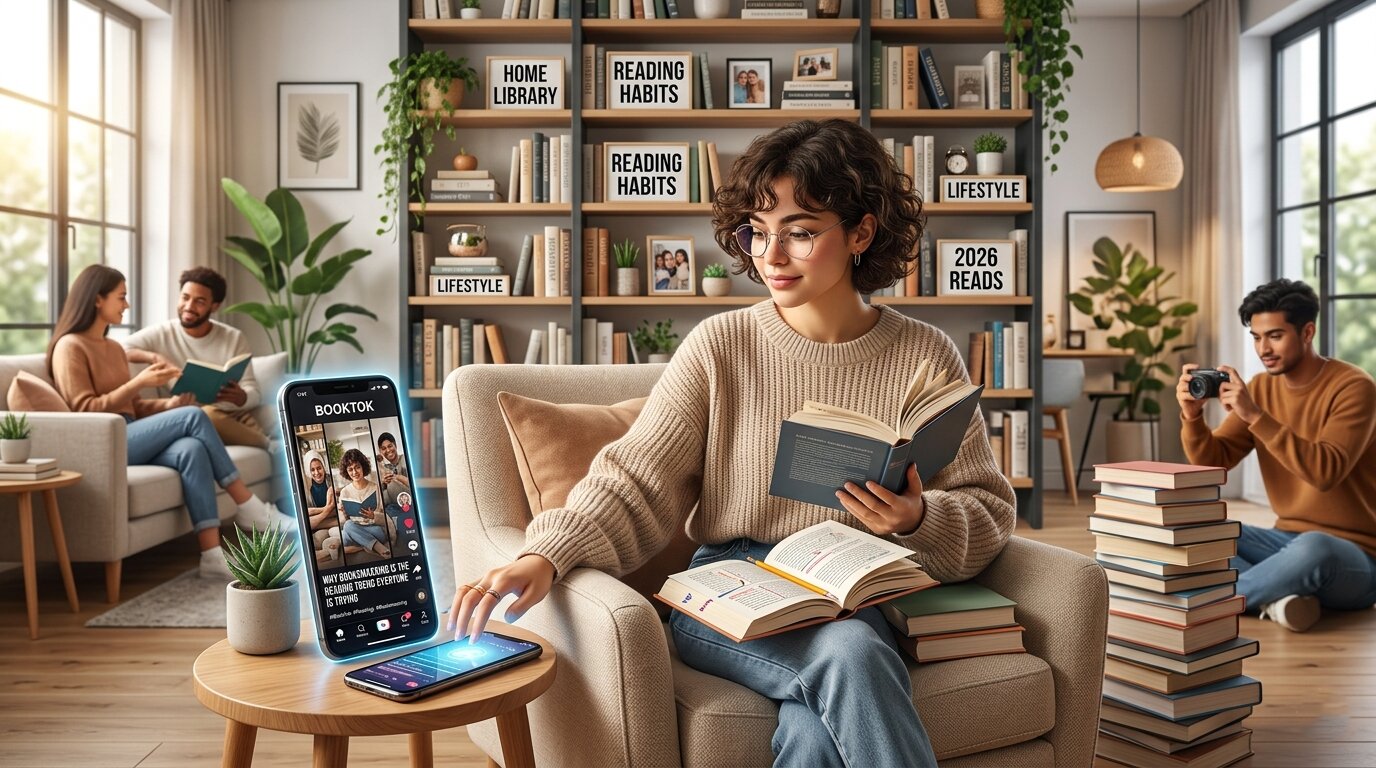 booksmaxxing trend in 2026 featuring curated home library reading journals and book club culture